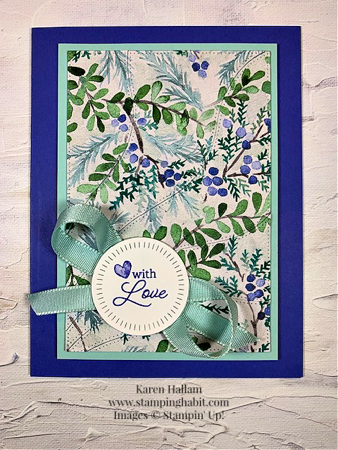 crafting with you, winter meadow dsp, patchwork pieces dies, radiating stitches dies, all-occasion card idea, stampin up, karen hallam