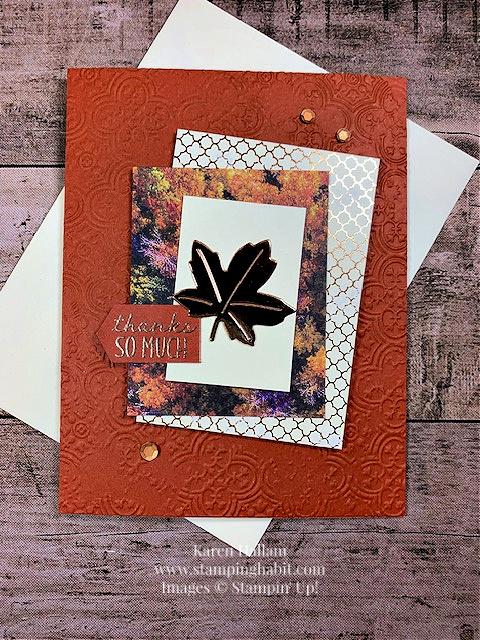 pick of the patch, autumn leaves dies, all about autumn dsp, distressed tile 3d embosing folder, ccmc 789, autumn card idea, stampin up, karen hallam