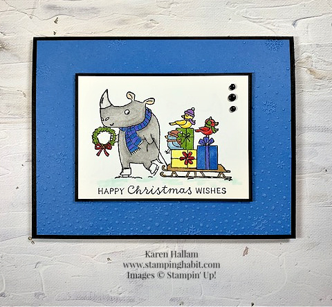 festive & fun, snowfall sky 3D embossing folder, coloring with blends, whimsical christmas card idea, stampin up, karen hallam