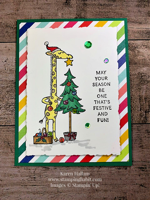 festive & fun stamp set, merry bold & bright dsp, deckled rectangle dies, coloring with blends, christmas/holiday card idea, stampin up, karen hallam
