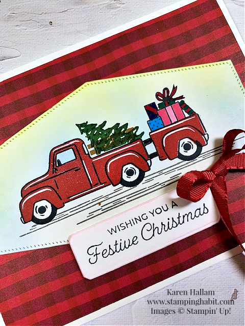 trucking along, joy of christmas dsp, nested essentials labels dies, countryside corners dies, christmas card idea, stampin up, karen hallam