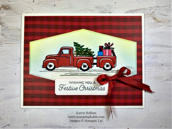 trucking along, joy of christmas dsp, nested essentials labels dies, countryside corners dies, christmas card idea, stampin up, karen hallam