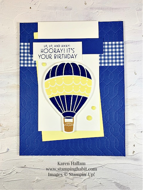 hot air balloon, softly sophisticated embossing folder, birthday card idea, stampin up, karen hallam