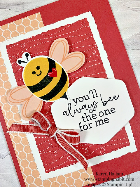 bee my valentine, bee builder punch, bee mine dsp, deckled rectangle dies, valentine card idea, stampin up, karen hallam