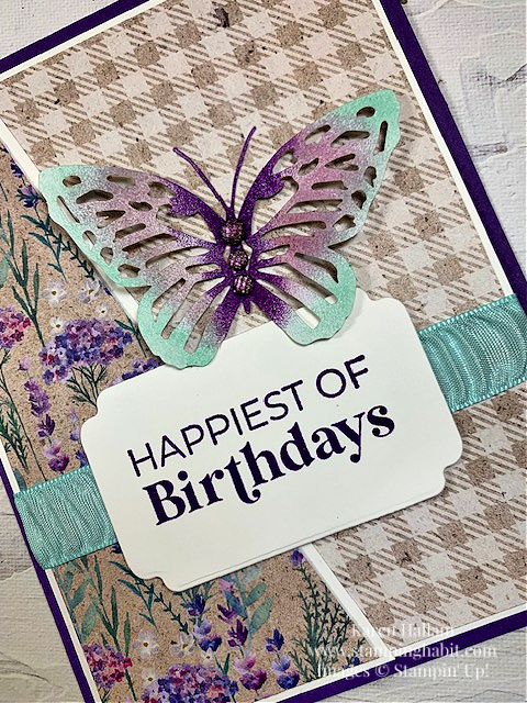throughout the year, perennial lavender dsp, paper butterfy accents, something fancy dies, birthday card idea, stampin up, karen hallam
