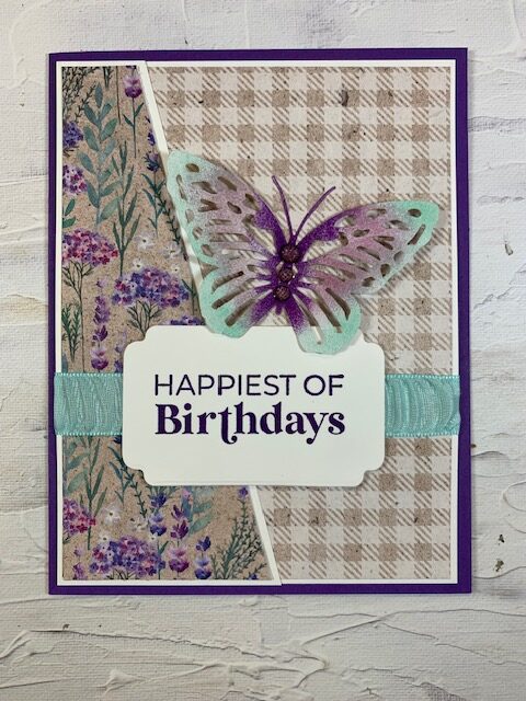 throughout the year, perennial lavender dsp, paper butterfy accents, something fancy dies, birthday card idea, stampin up, karen hallam