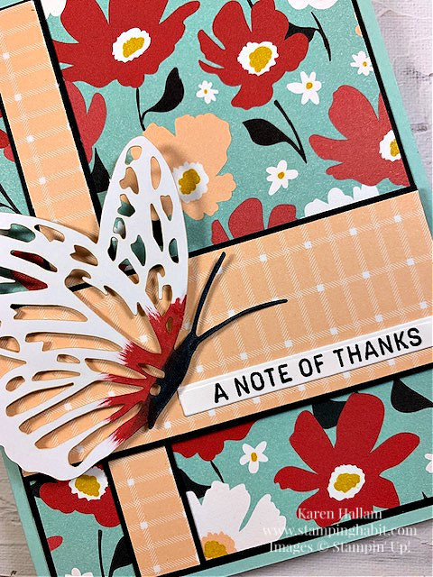 sending smiles, sunny days dsp, paper butterfly accents, thank you card idea, sale-a-bration item, stampin up, karen hallam