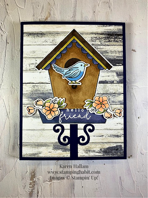 country birdhouse, country woods dsp, coloring with blends, heat embossing, hello friend card idea, stampin up, karen hallam