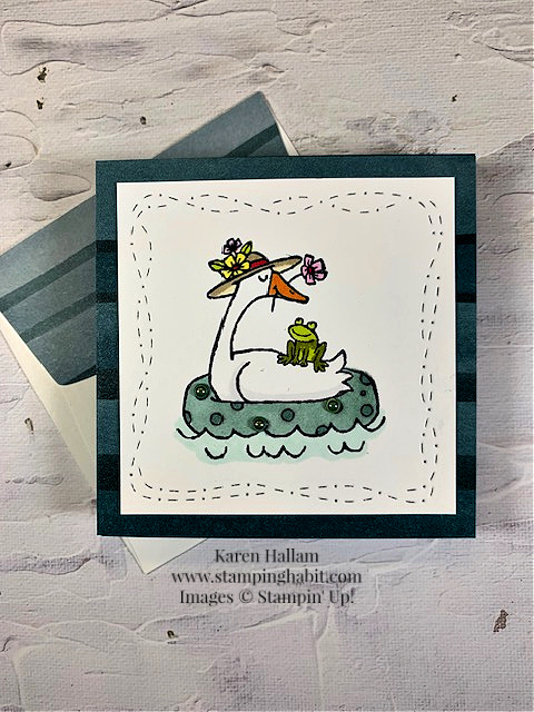 silly goose, bright & beautiful dsp, stitched with whimsy dies, 3"x 3" gift enclosure card idea, stampin up, karen hallam