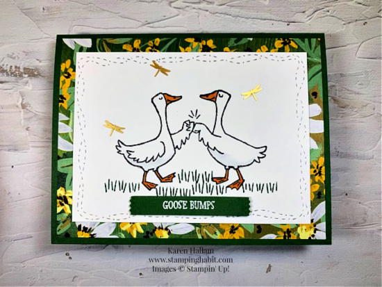 silly goose, fresh as a daisy dsp, stitched with whimsy dies, happy little things dies, heat embossing, friend card idea, stampin up, karen hallam