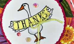 silly goose, flowering zinnias dsp, stylish shapes dies, deckled circles dies, thank you card idea, stampin up, karen hallam