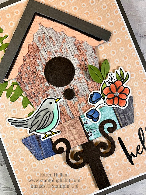 country woods suite collection, coloring with blends, hello card idea, birdhouse card idea, stampin up, karen hallam