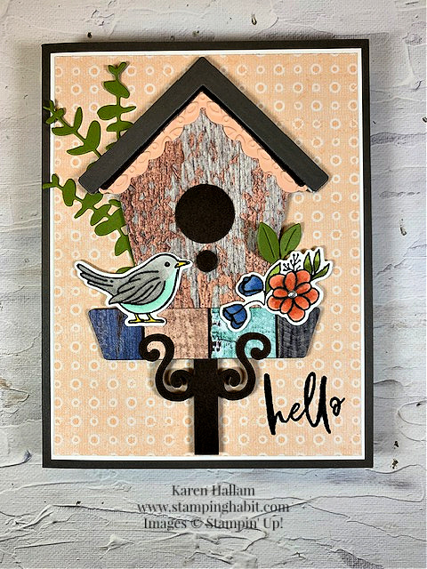 country woods suite collection, coloring with blends, hello card idea, birdhouse card idea, stampin up, karen hallam