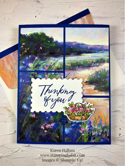 garden meadow, meandering garden dsp, perennial postage dies, CASEing coast to coast, thinking of you card idea, stampin up, karen hallam