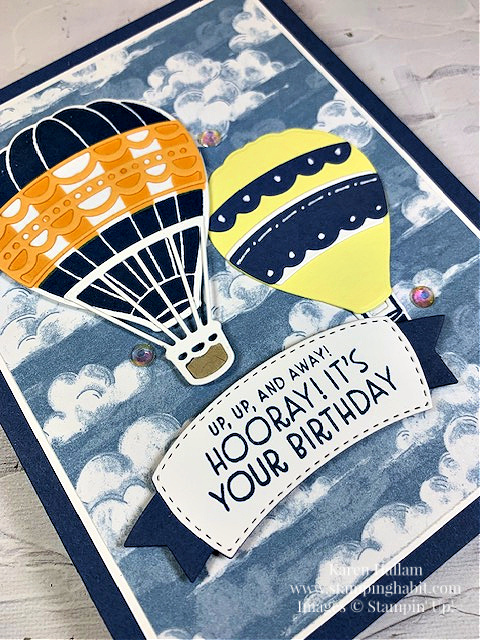 hot air balloons stamps and dies, take to the sky dsp, birthday card idea, stampin up, karen hallam
