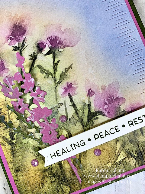 comforting thoughts, thoughtful journey dsp, radiating stitches dies, happy little things dies, painted lavender dies, get well card idea, stampin up, karen hallam