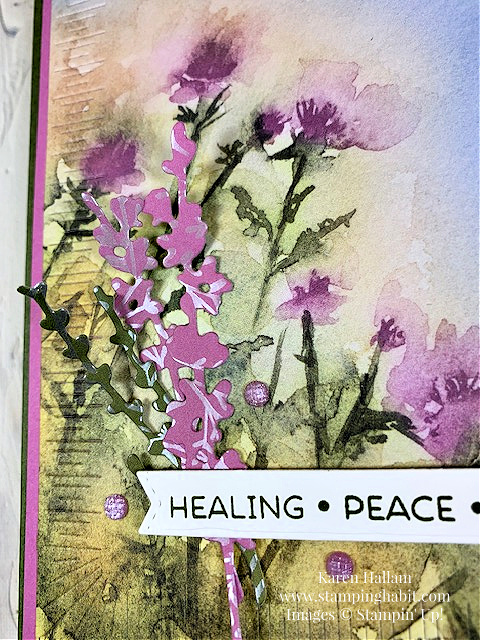 comforting thoughts, thoughtful journey dsp, radiating stitches dies, happy little things dies, painted lavender dies, get well card idea, stampin up, karen hallam