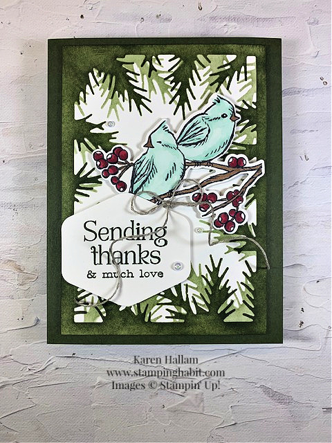 winterly tree tops bundle, thank you card idea, stampin up, karen hallam